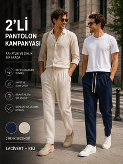 Danger Erkek 2'li Baggy Pantolon Lacivert Bej %100 Pamuk Keten Görünümlü Lastikli Bel Rahat Kalıp Pantolon 1009DNGR