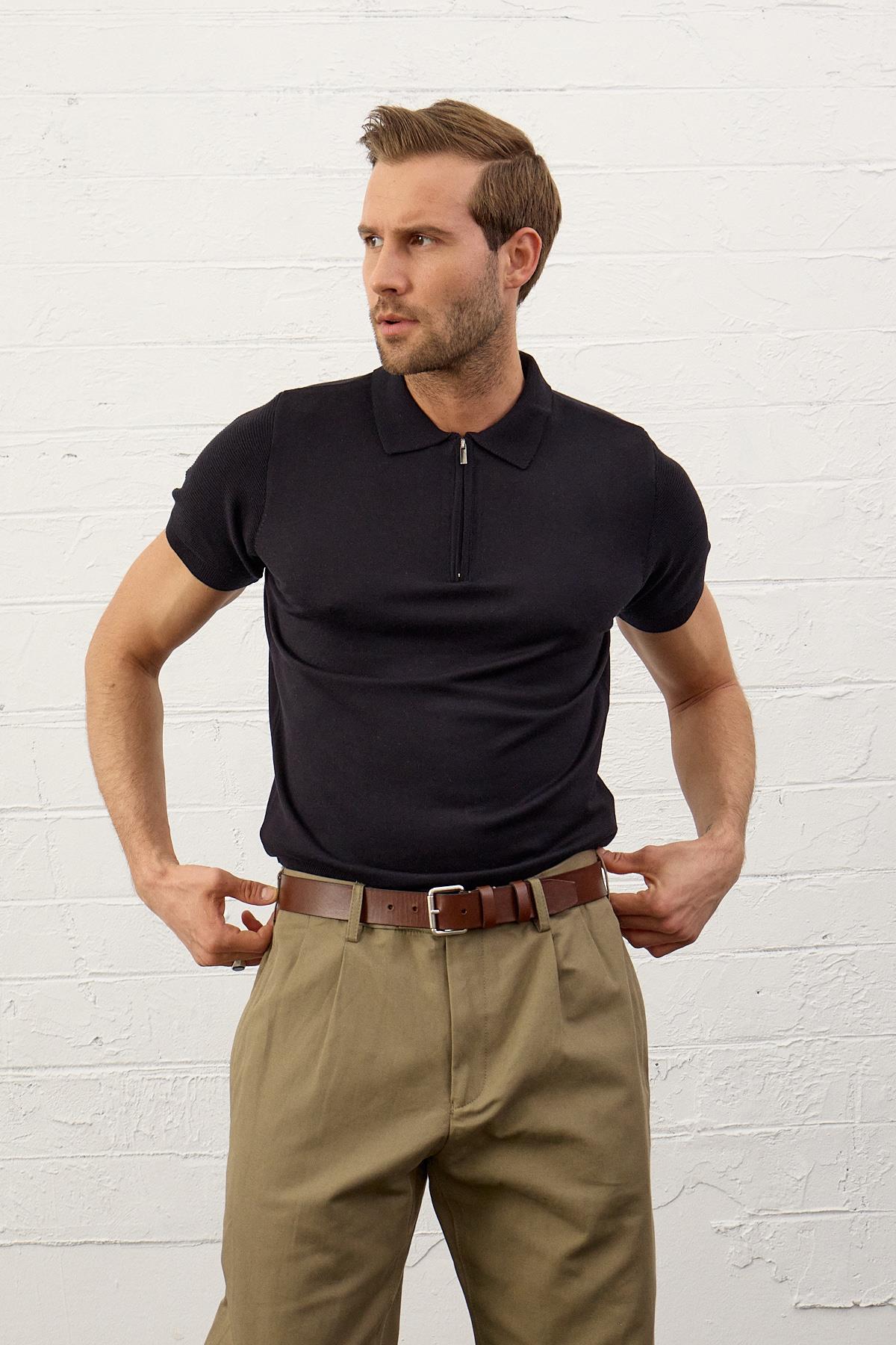 Erkek Basic Slim-Fit Polo Yaka Yazlık Triko T-shirt Koyu Lacivert 5009DNGR