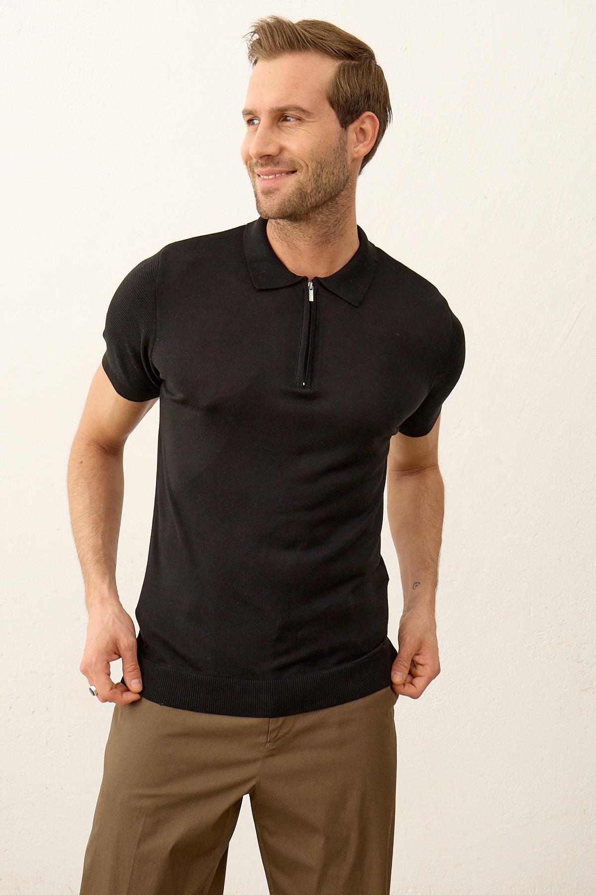 Erkek Basic Slim-Fit Polo Yaka Yazlık Triko T-shirt Siyah 5009DNGR