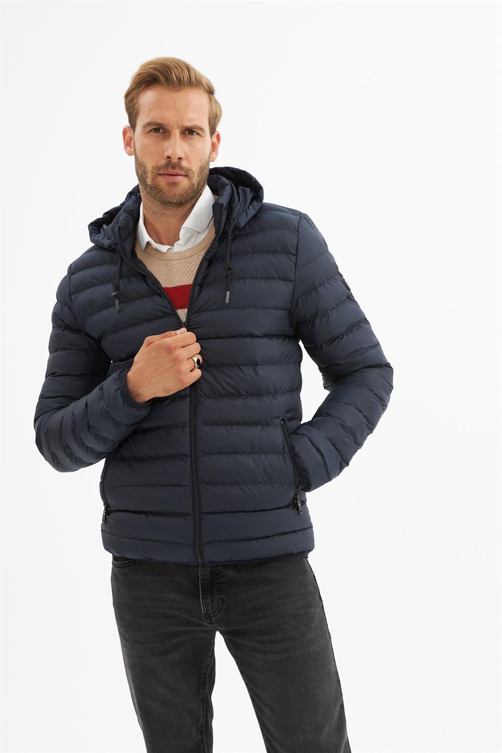 Erkek Çıkarılabilir Kapüşonlu Basic Şişme Mont Lacivert 32DNGRKLV
