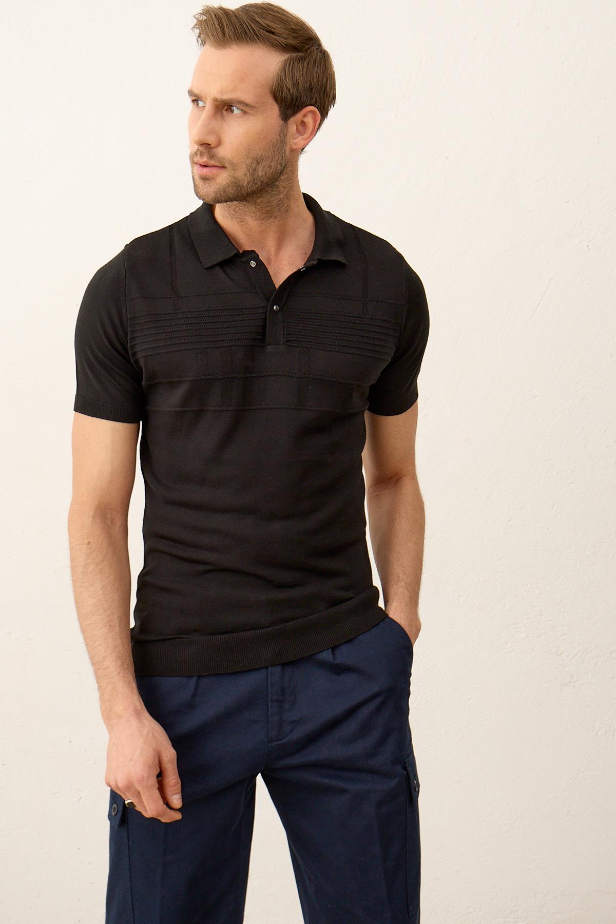 Erkek Çizgi Desenli Slim-Fit Yazlık Triko T-shirt Siyah 5003DNGR