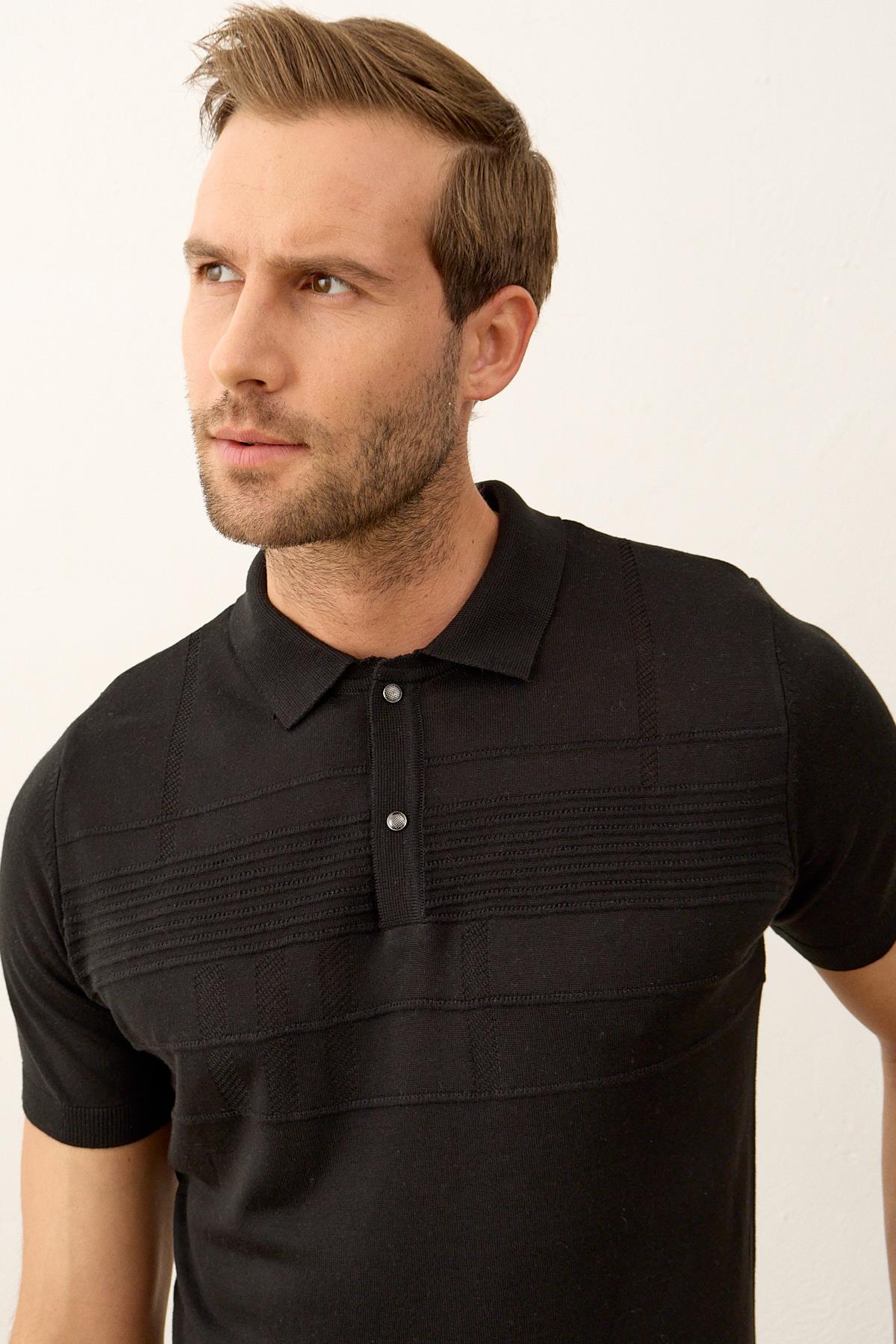 Erkek Çizgi Desenli Slim-Fit Yazlık Triko T-shirt Siyah 5003DNGR