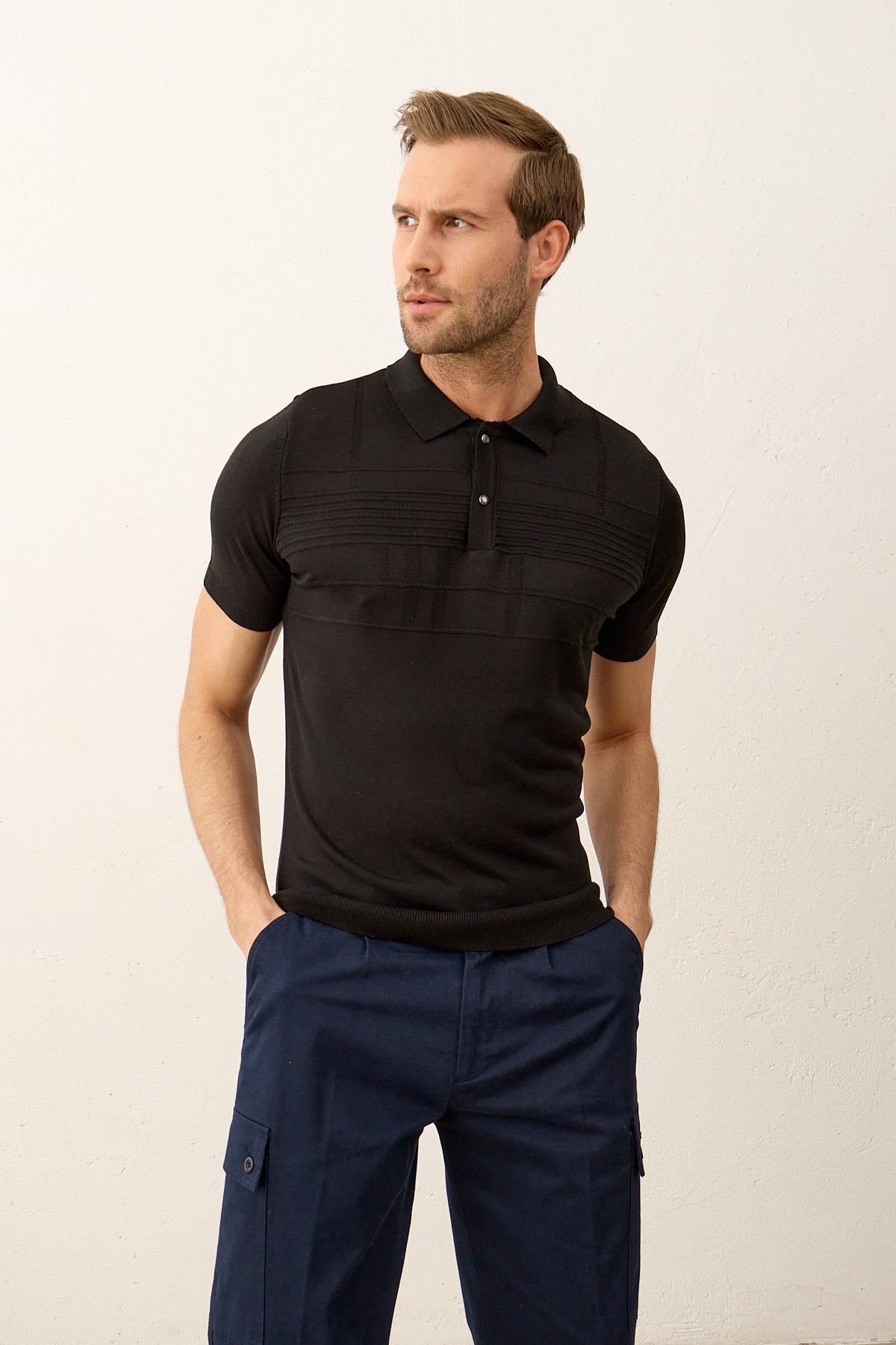 Erkek Çizgi Desenli Slim-Fit Yazlık Triko T-shirt Siyah 5003DNGR