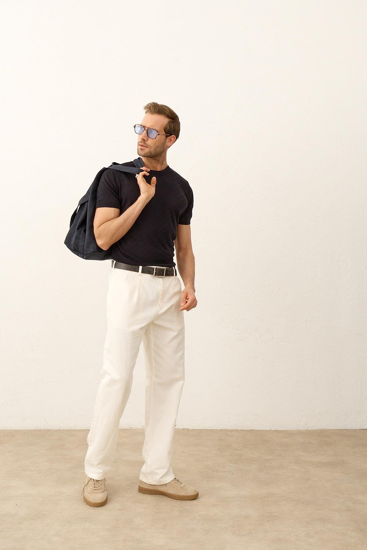 Erkek Çizgili Bisiklet Yaka Slim-Fit İnce Triko TişörtKoyu Lacivert 5013DNGR