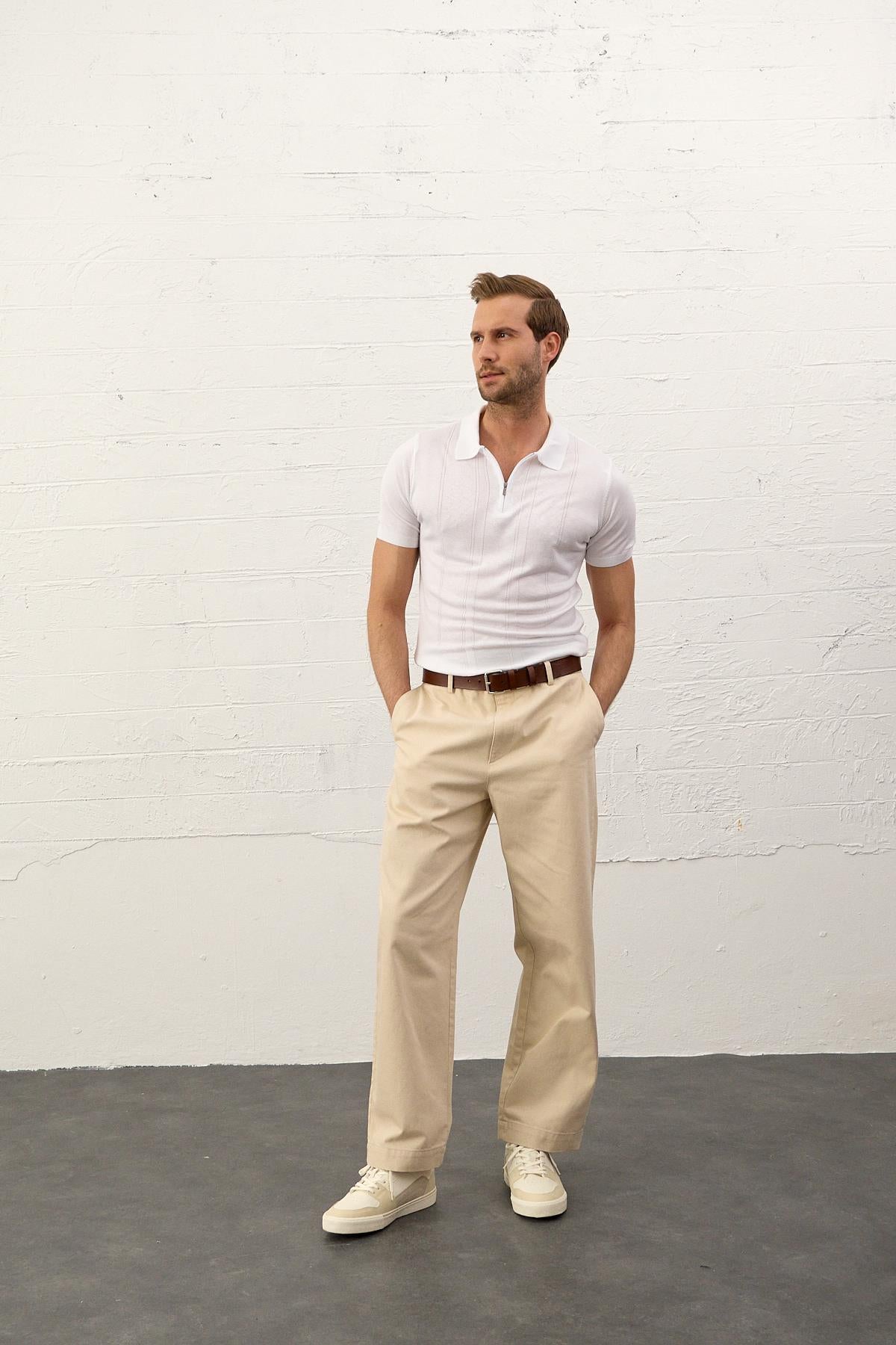 Erkek Fermuarlı Slim-Fit Yazlık Triko T-shirt Beyaz 5004DNGR