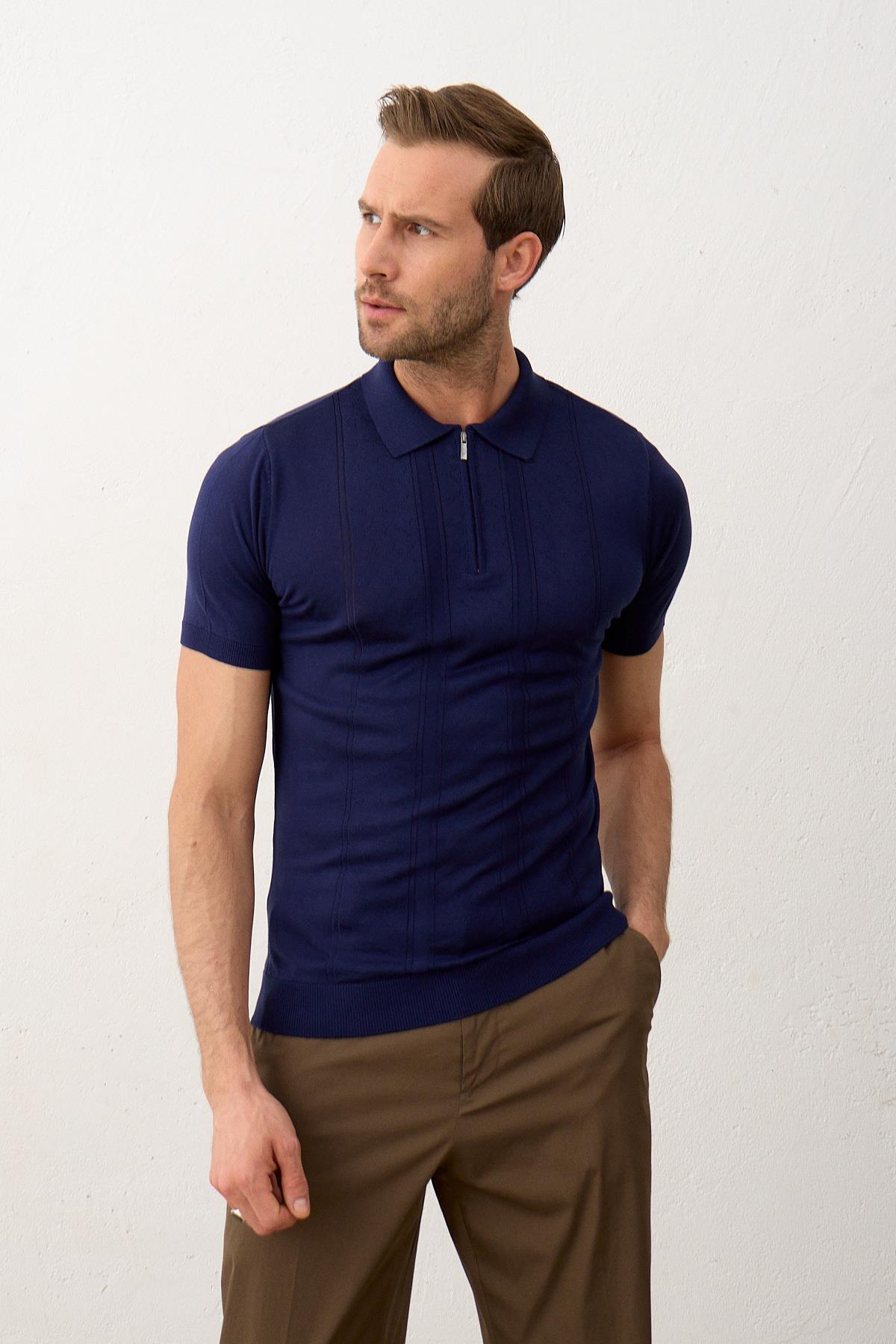 Erkek Fermuarlı Slim-Fit Yazlık Triko T-shirt Marine 5004DNGR