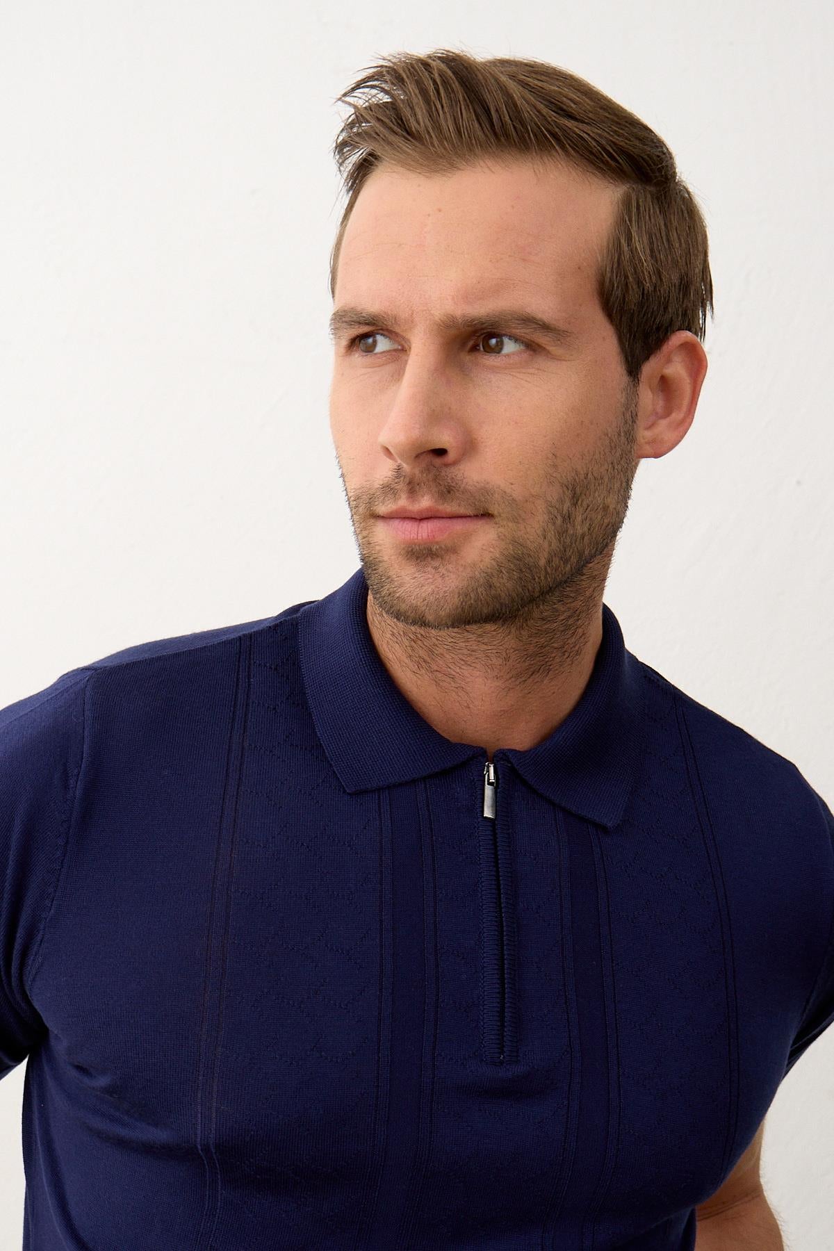 Erkek Fermuarlı Slim-Fit Yazlık Triko T-shirt Marine 5004DNGR