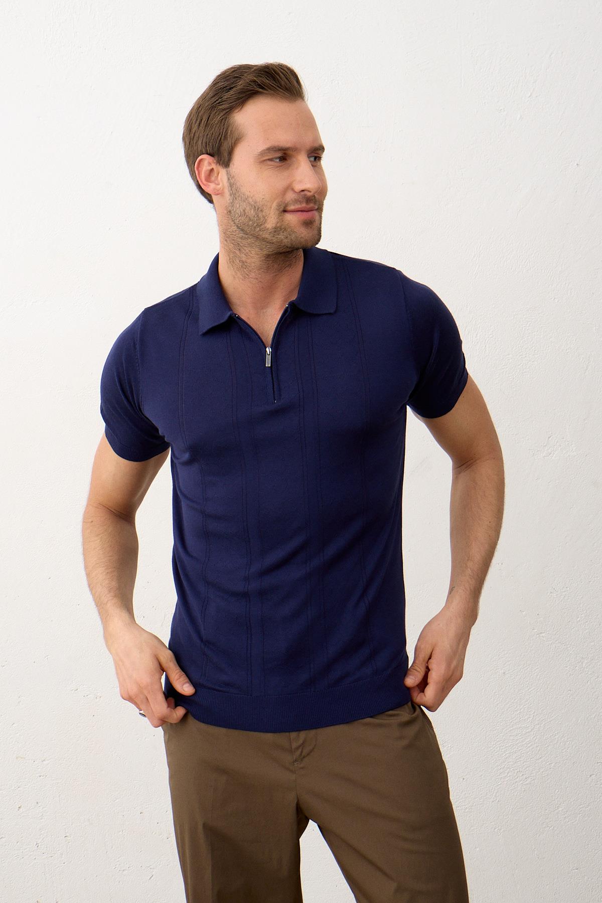 Erkek Fermuarlı Slim-Fit Yazlık Triko T-shirt Marine 5004DNGR