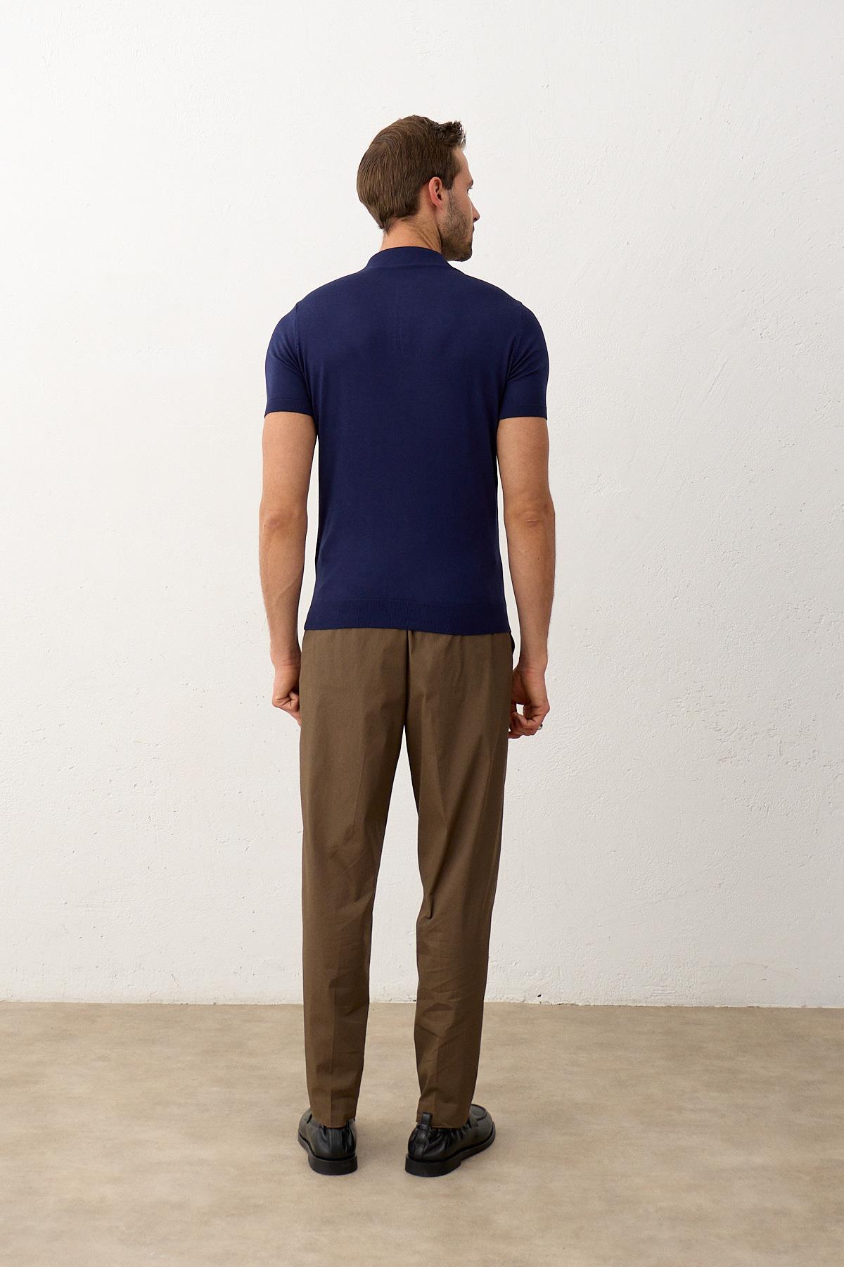 Erkek Fermuarlı Slim-Fit Yazlık Triko T-shirt Marine 5004DNGR