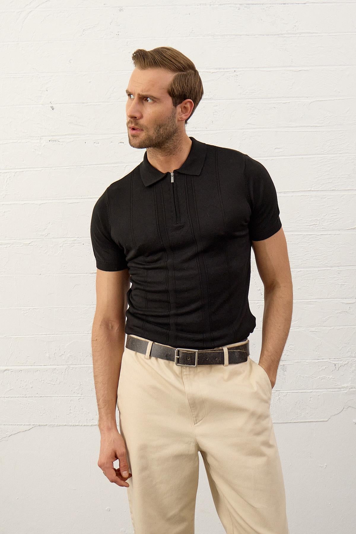 Erkek Fermuarlı Slim-Fit Yazlık Triko T-shirt Siyah 5004DNGR