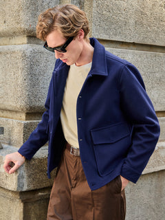 Erkek Gömlek Yaka Düğmeli Kaşe Mont Ceket Lacivert