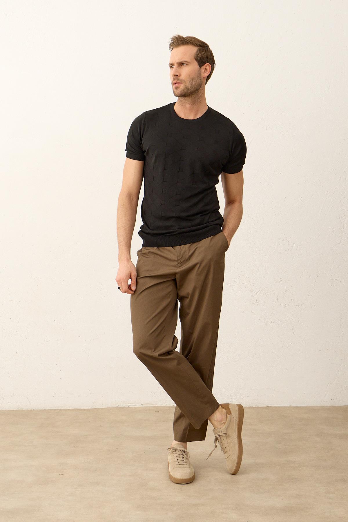 Erkek Kare Desenli Slim-Fit Yazlık Triko T-shirt Siyah 5020DNGR