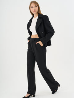 Kadın Oversize Kruvaze Kaşe Mont Ceket Siyah