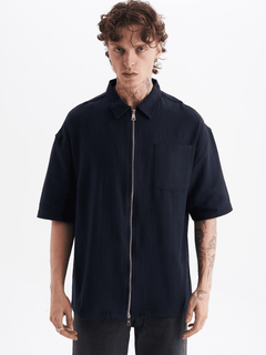 Erkek Lilyum Keten Fermuarlı Cepli Gömlek Lacivert