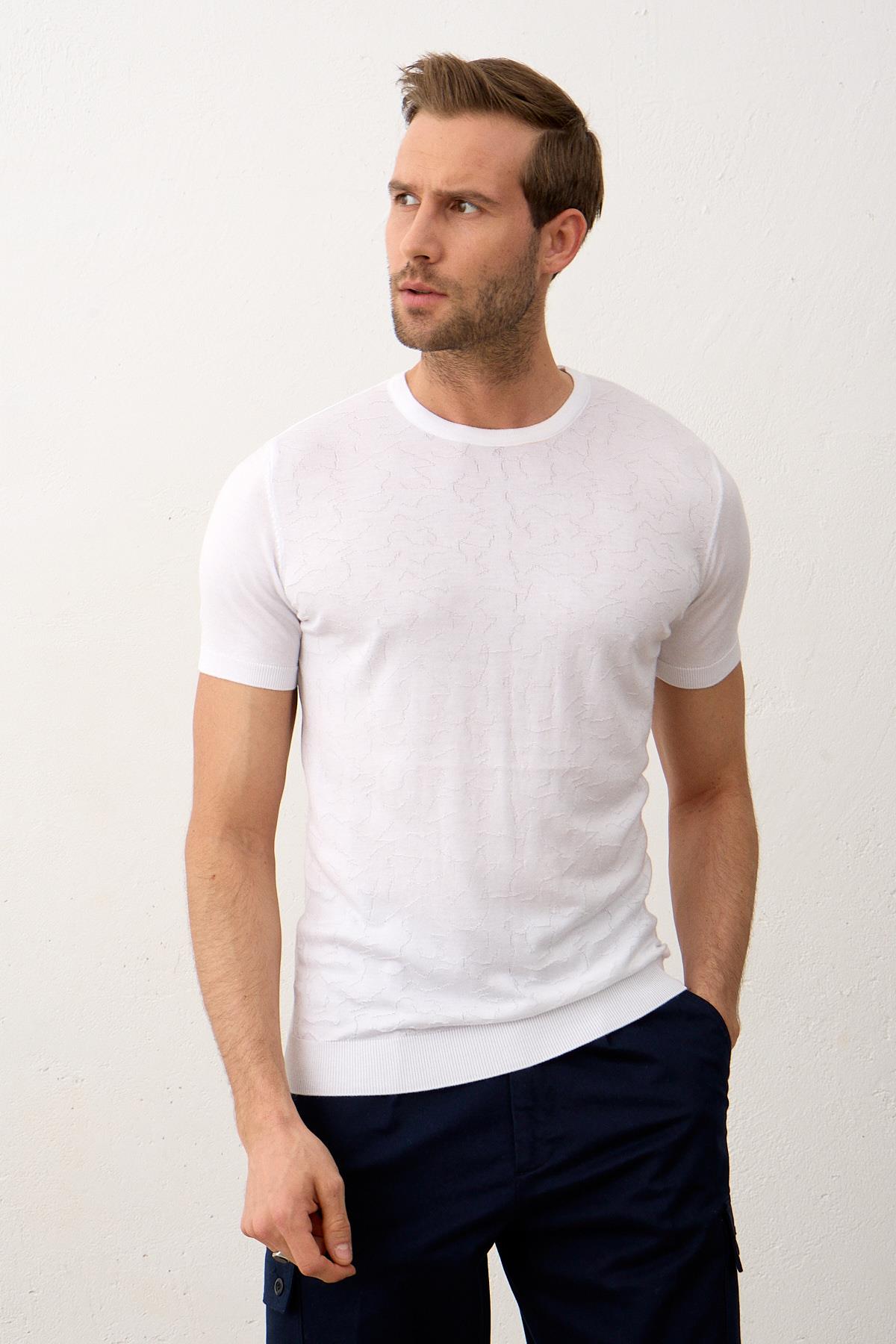 Erkek Modelli Bisiklet Yaka Slim-Fit Yazlık Triko Tişört Beyaz 5016DNGR