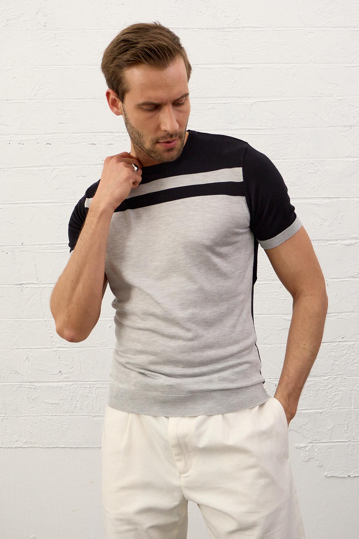 Erkek Renkli Slim-Fit Yazlık Triko Tişört Koyu Lacivert 5018DNGR1