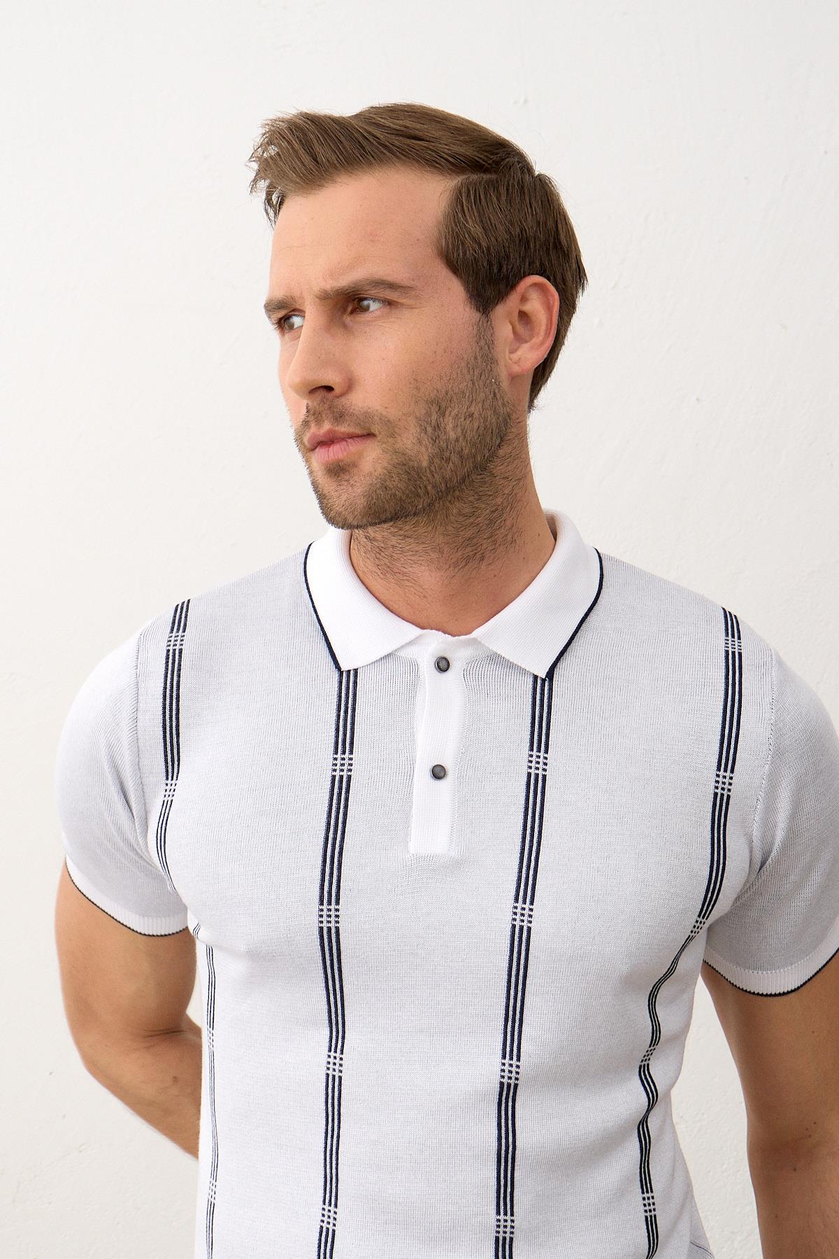 Erkek Slim-Fit Polo Yaka İnce Triko T-shirt Beyaz 5012DNGR