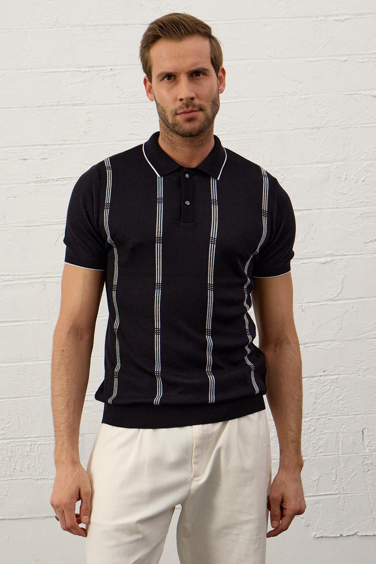 Erkek Slim-Fit Polo Yaka İnce Triko T-shirtKoyu Lacivert 5012DNGR