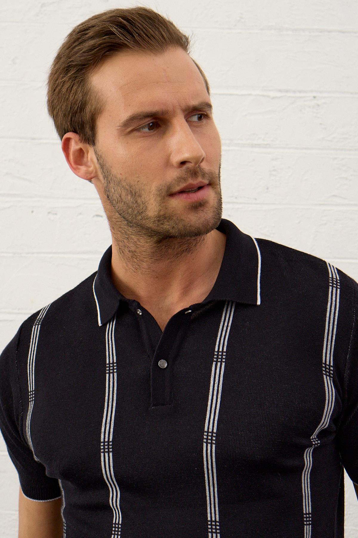 Erkek Slim-Fit Polo Yaka İnce Triko T-shirtKoyu Lacivert 5012DNGR