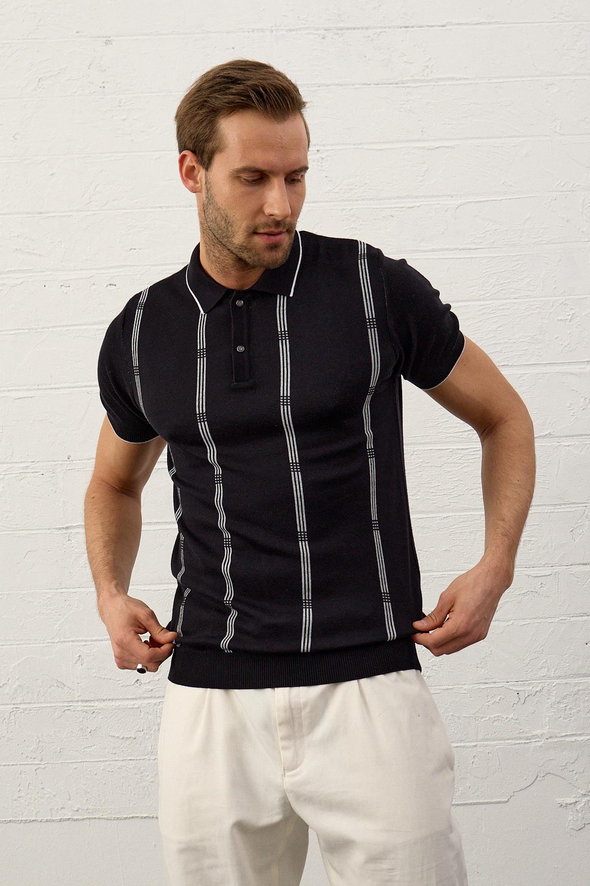 Erkek Slim-Fit Polo Yaka İnce Triko T-shirtKoyu Lacivert 5012DNGR