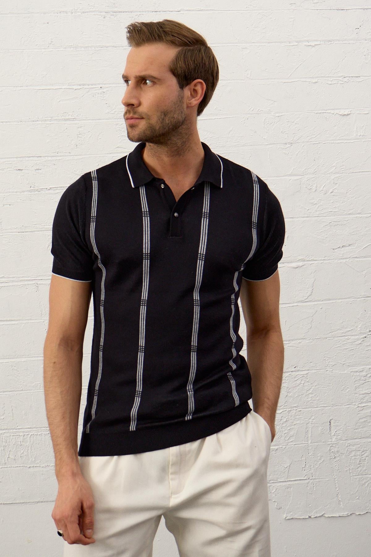 Erkek Slim-Fit Polo Yaka İnce Triko T-shirtKoyu Lacivert 5012DNGR