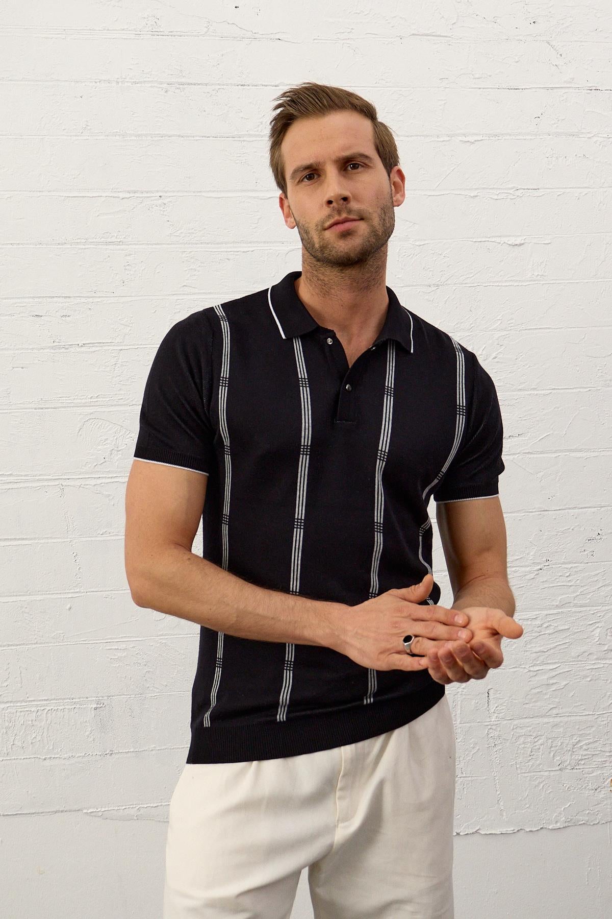Erkek Slim-Fit Polo Yaka İnce Triko T-shirtKoyu Lacivert 5012DNGR