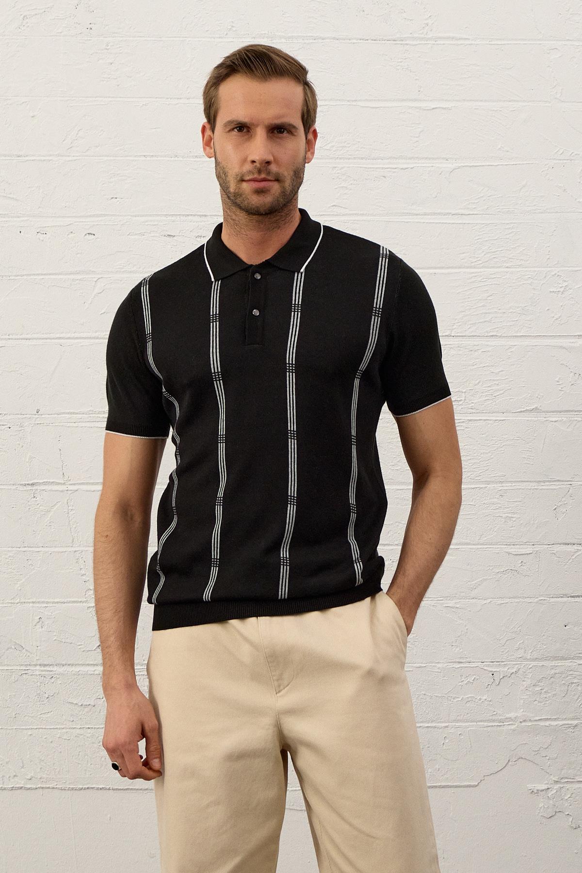 Erkek Slim-Fit Polo Yaka İnce Triko T-shirtSiyah 5012DNGR