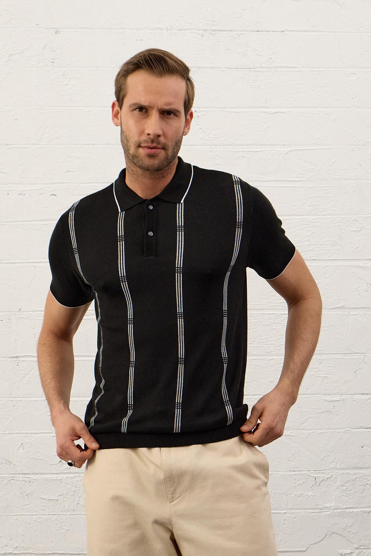 Erkek Slim-Fit Polo Yaka İnce Triko T-shirtSiyah 5012DNGR