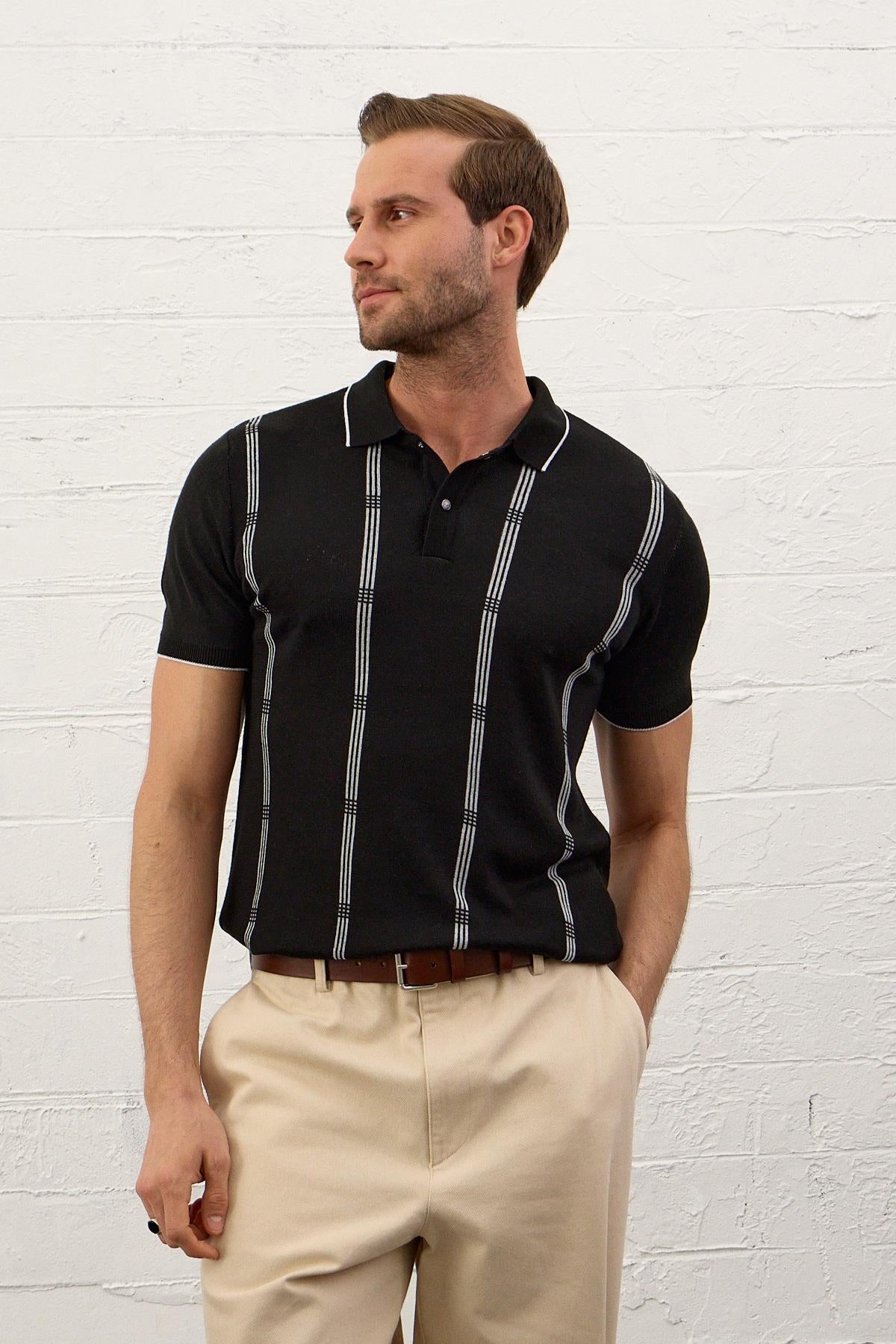 Erkek Slim-Fit Polo Yaka İnce Triko T-shirtSiyah 5012DNGR