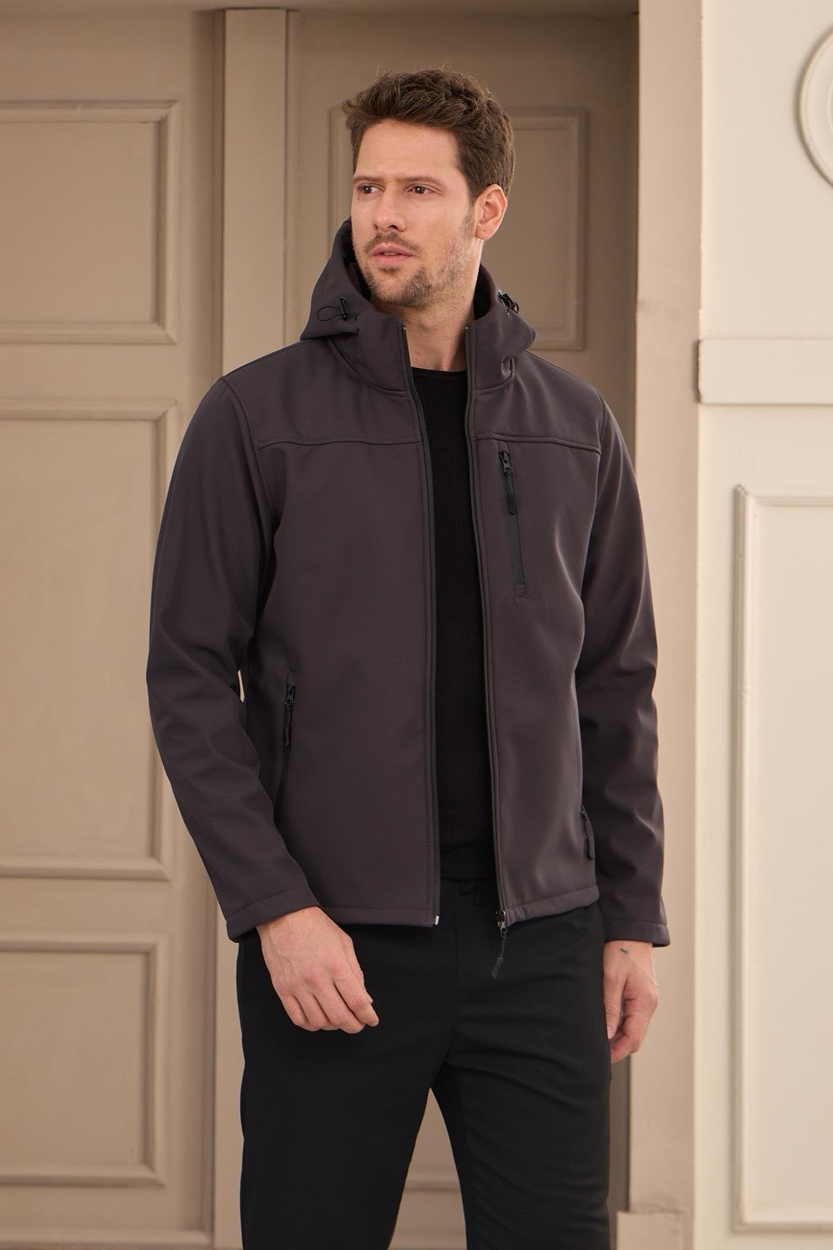 Erkek Su Geçirmez Rüzgar Geçirmez Softshell Mont Antrasit 3820DNGR