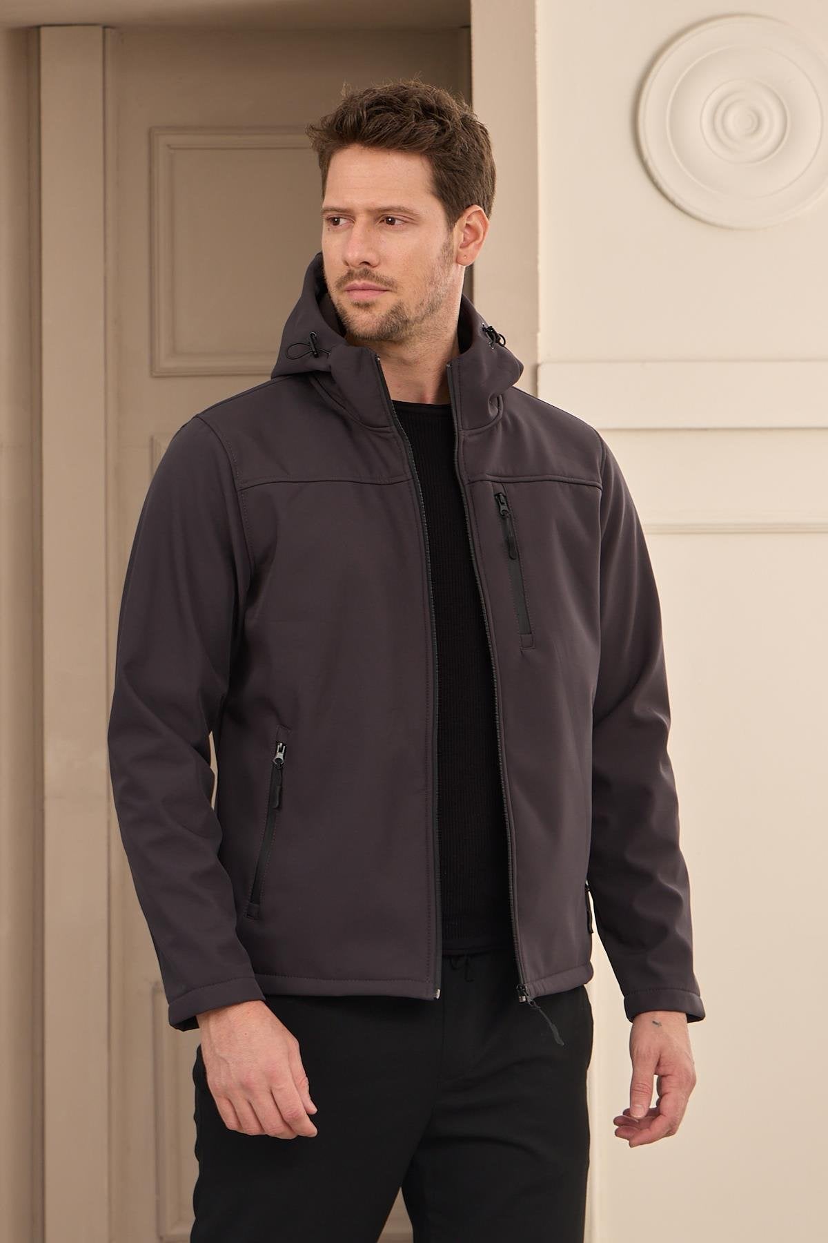 Erkek Su Geçirmez Rüzgar Geçirmez Softshell Mont Antrasit 3820DNGR