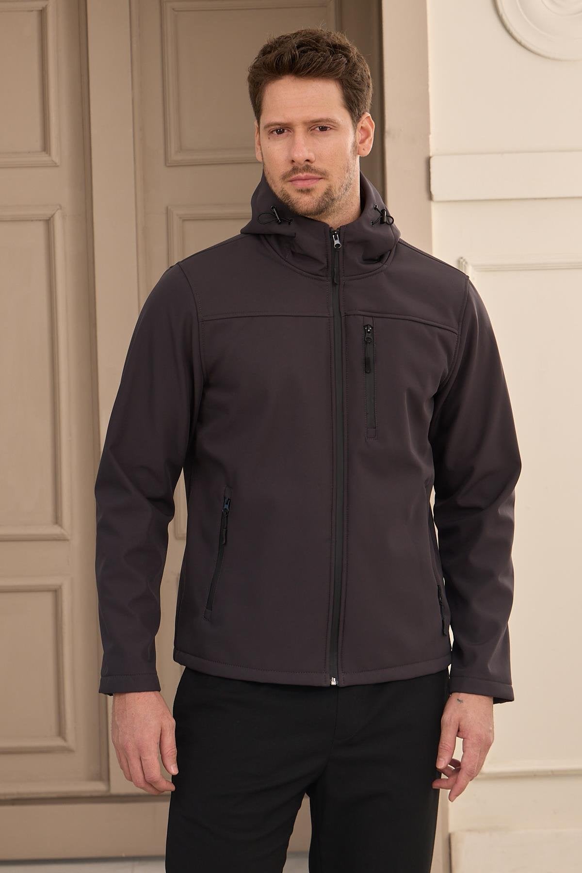 Erkek Su Geçirmez Rüzgar Geçirmez Softshell Mont Antrasit 3820DNGR