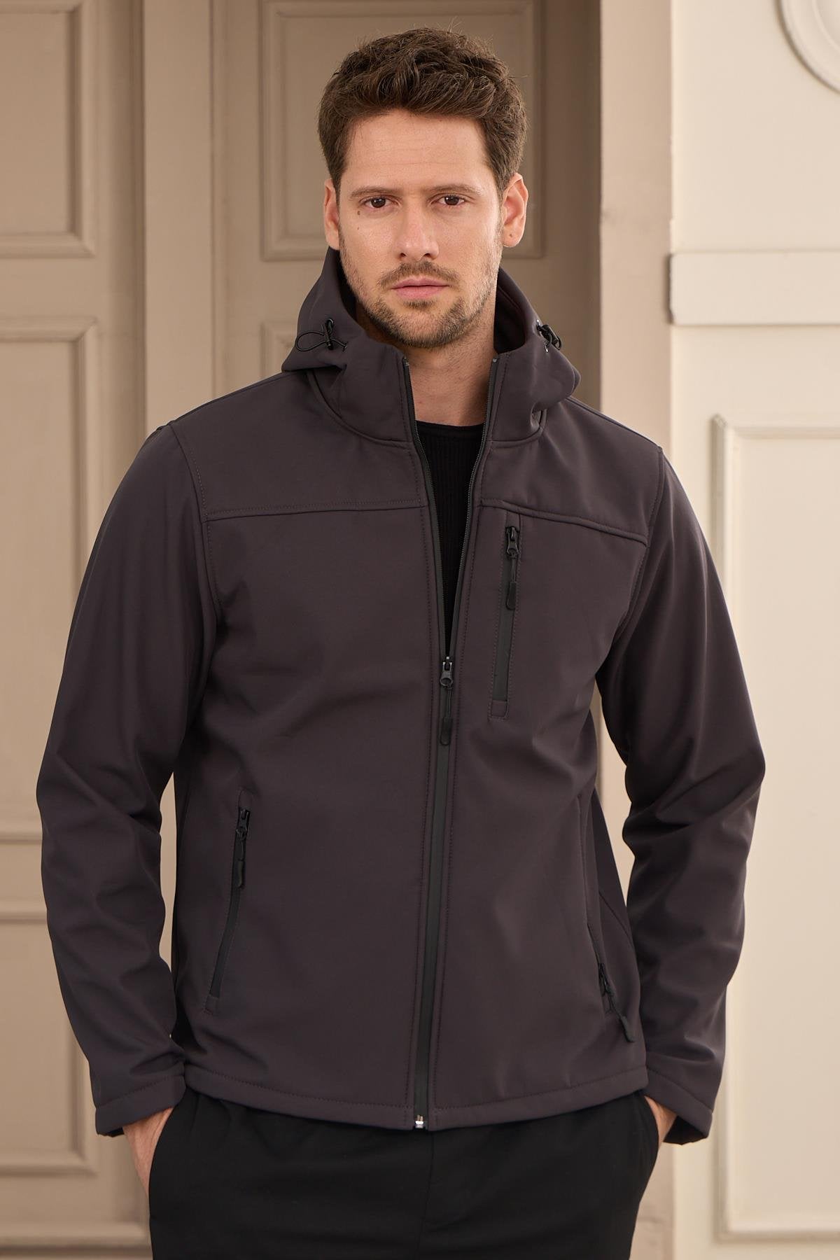 Erkek Su Geçirmez Rüzgar Geçirmez Softshell Mont Antrasit 3820DNGR