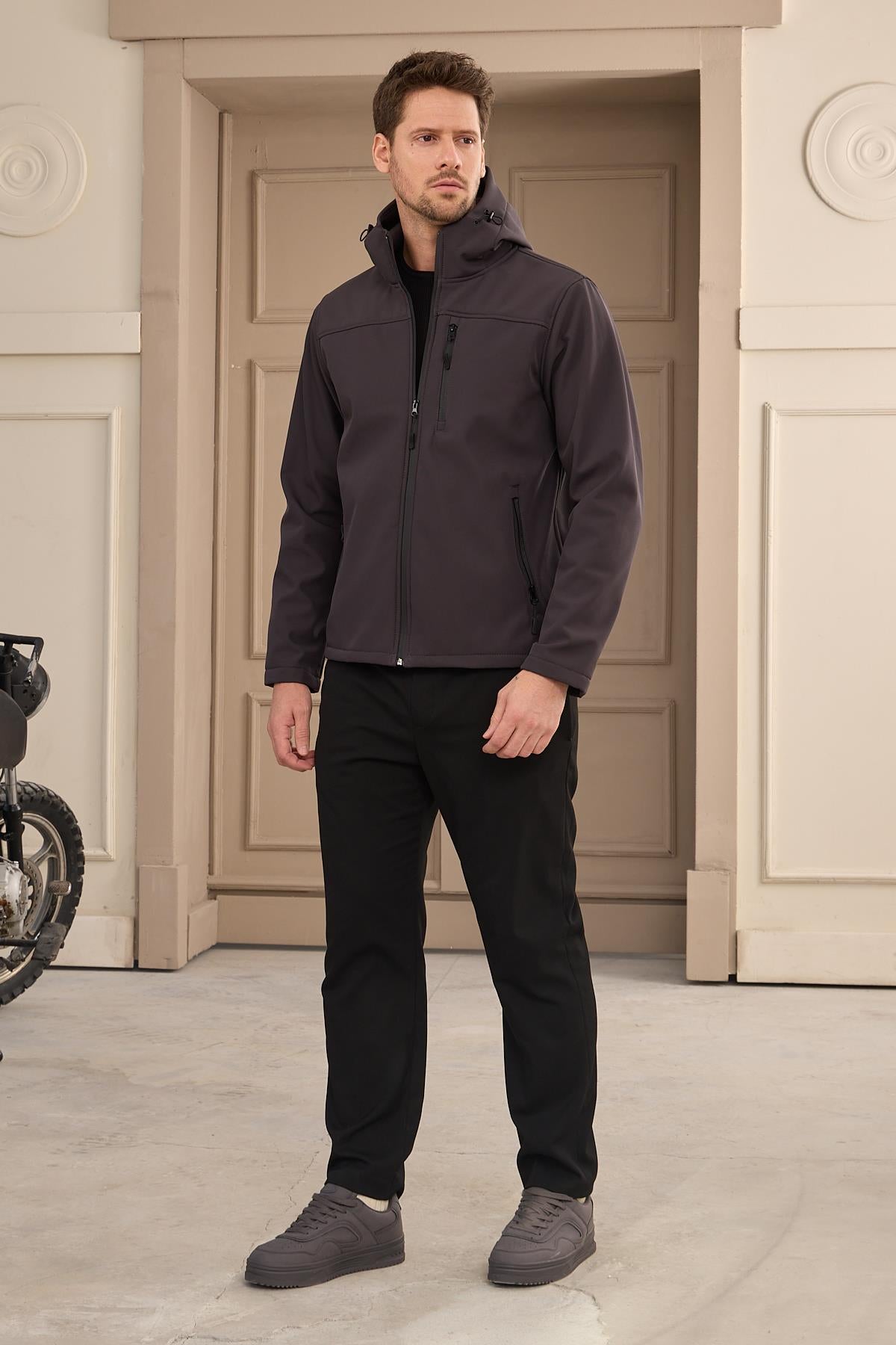 Erkek Su Geçirmez Rüzgar Geçirmez Softshell Mont Antrasit 3820DNGR