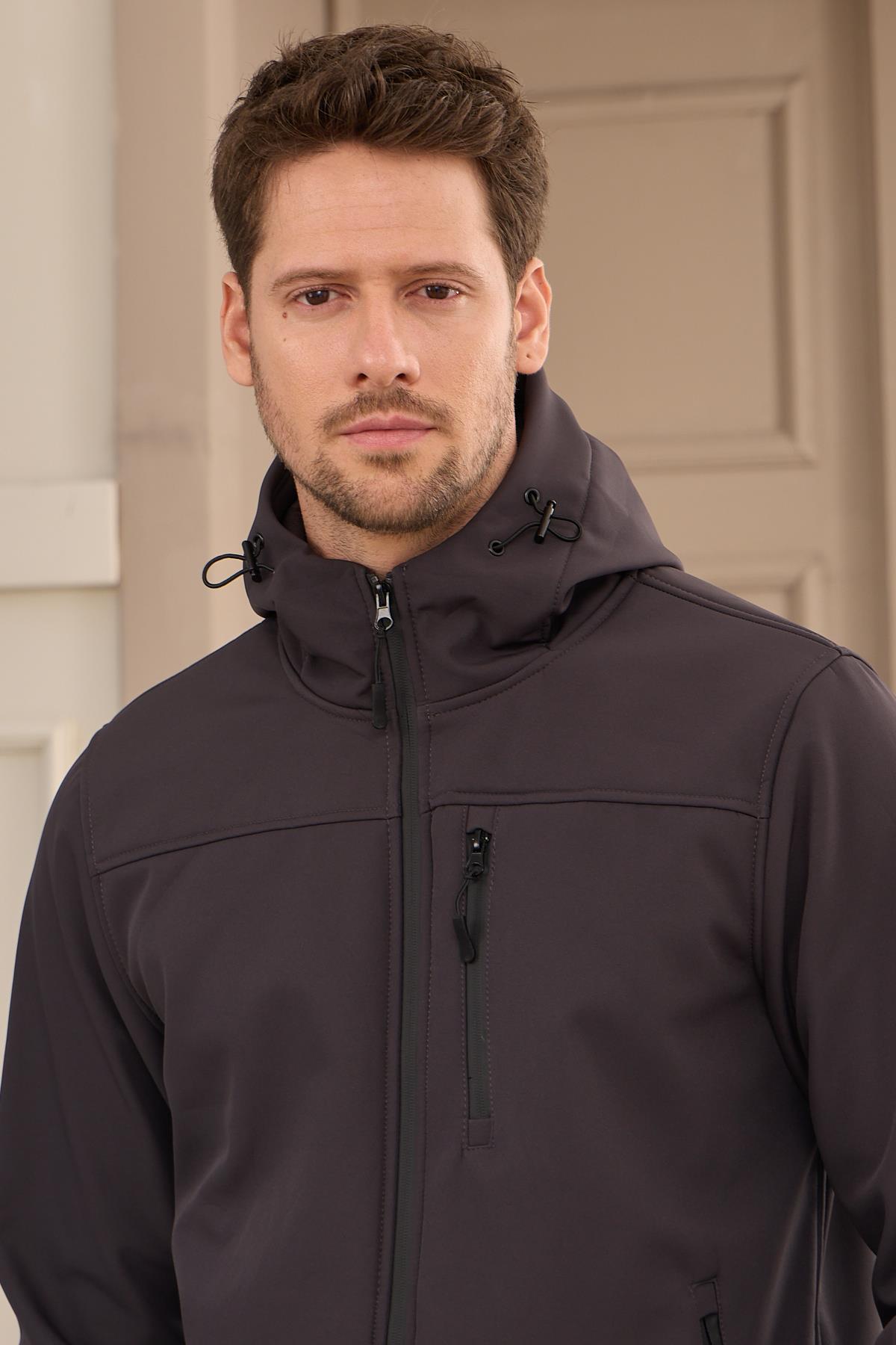 Erkek Su Geçirmez Rüzgar Geçirmez Softshell Mont Antrasit 3820DNGR