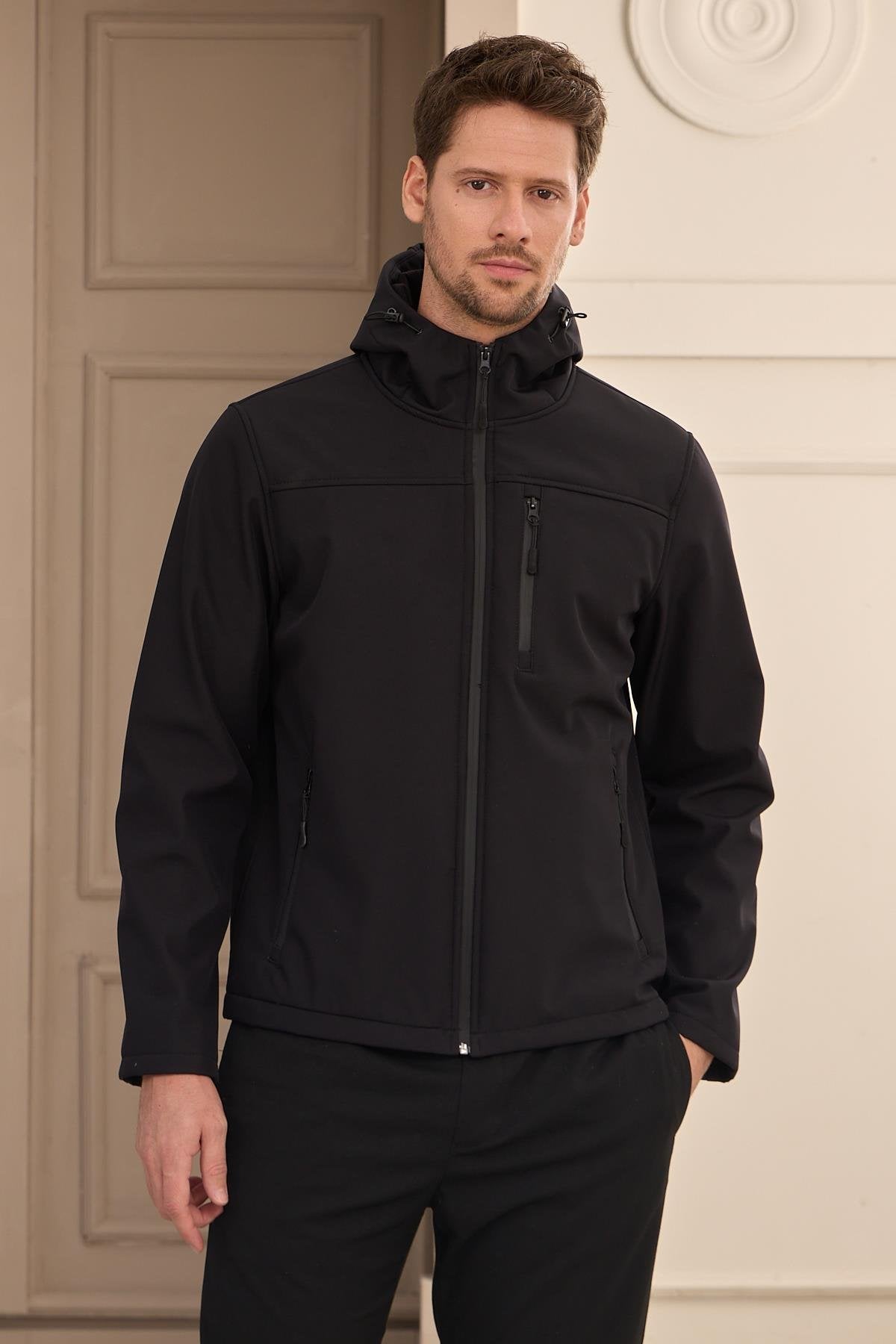 Erkek Su Geçirmez Rüzgar Geçirmez Softshell Mont Siyah 3820DNGR