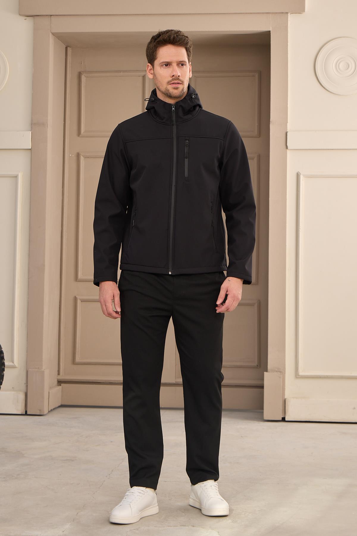 Erkek Su Geçirmez Rüzgar Geçirmez Softshell Mont Siyah 3820DNGR