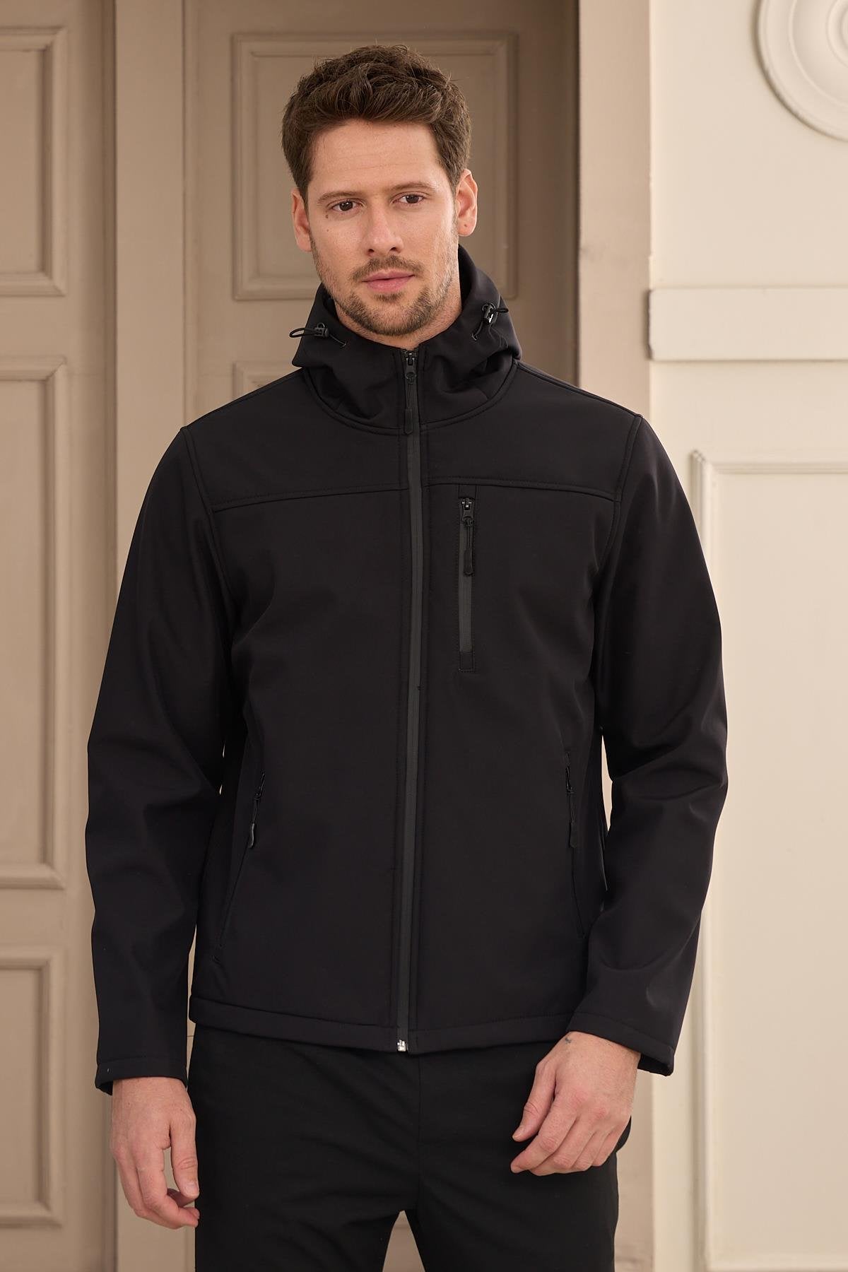 Erkek Su Geçirmez Rüzgar Geçirmez Softshell Mont Siyah 3820DNGR