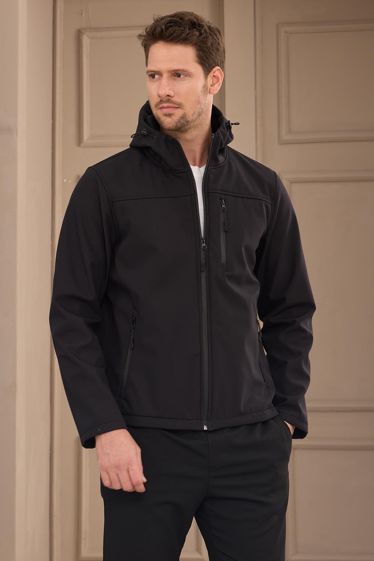 Erkek Su Geçirmez Rüzgar Geçirmez Softshell Mont Siyah 3820DNGR