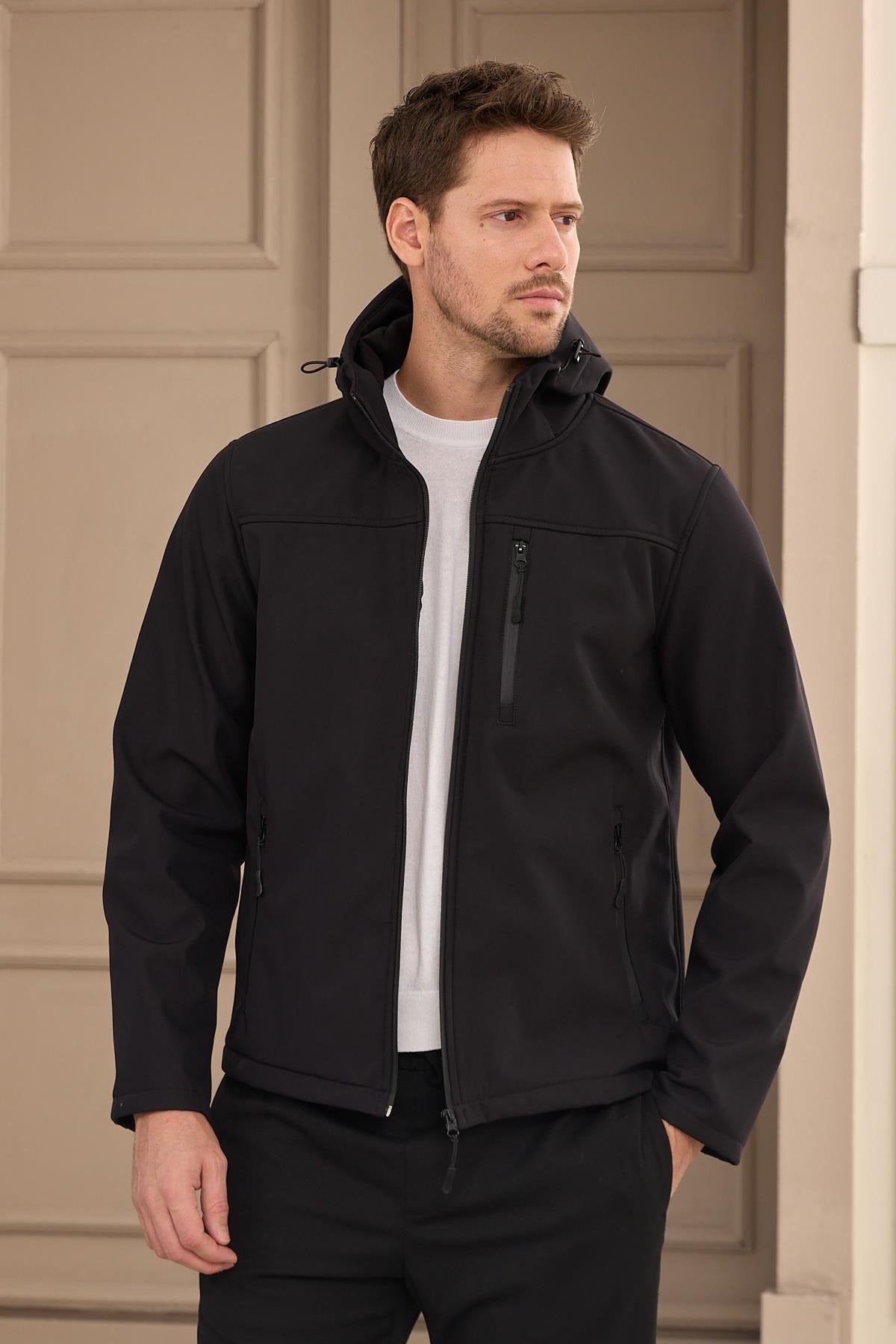 Erkek Su Geçirmez Rüzgar Geçirmez Softshell Mont Siyah 3820DNGR