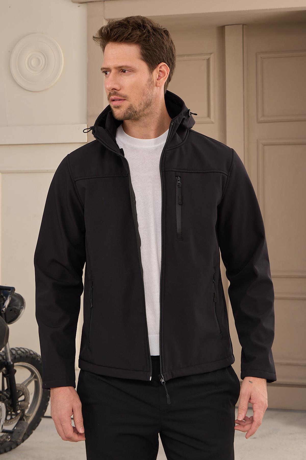 Erkek Su Geçirmez Rüzgar Geçirmez Softshell Mont Siyah 3820DNGR