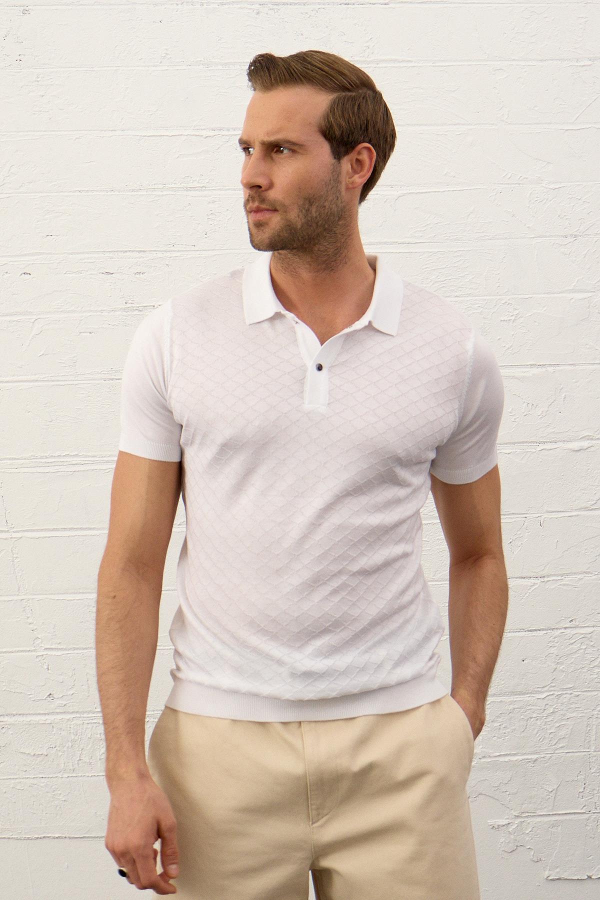 Erkek Yumuşak Dokulu Slim-Fit Polo Yaka İnce Triko T-shirt Beyaz 5008DNGR