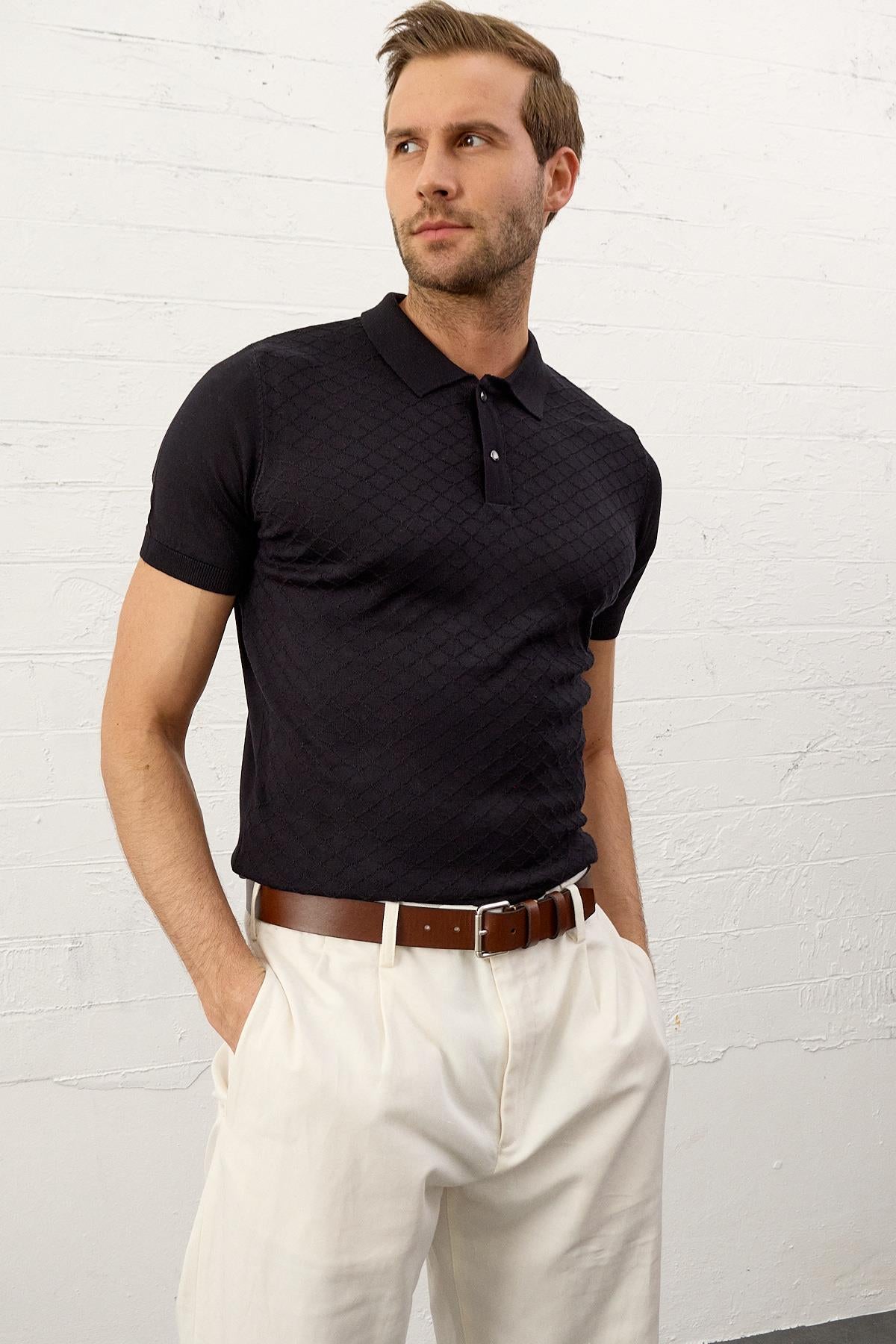 Erkek Yumuşak Dokulu Slim-Fit Polo Yaka İnce Triko T-shirtKoyu Lacivert 5008DNGR