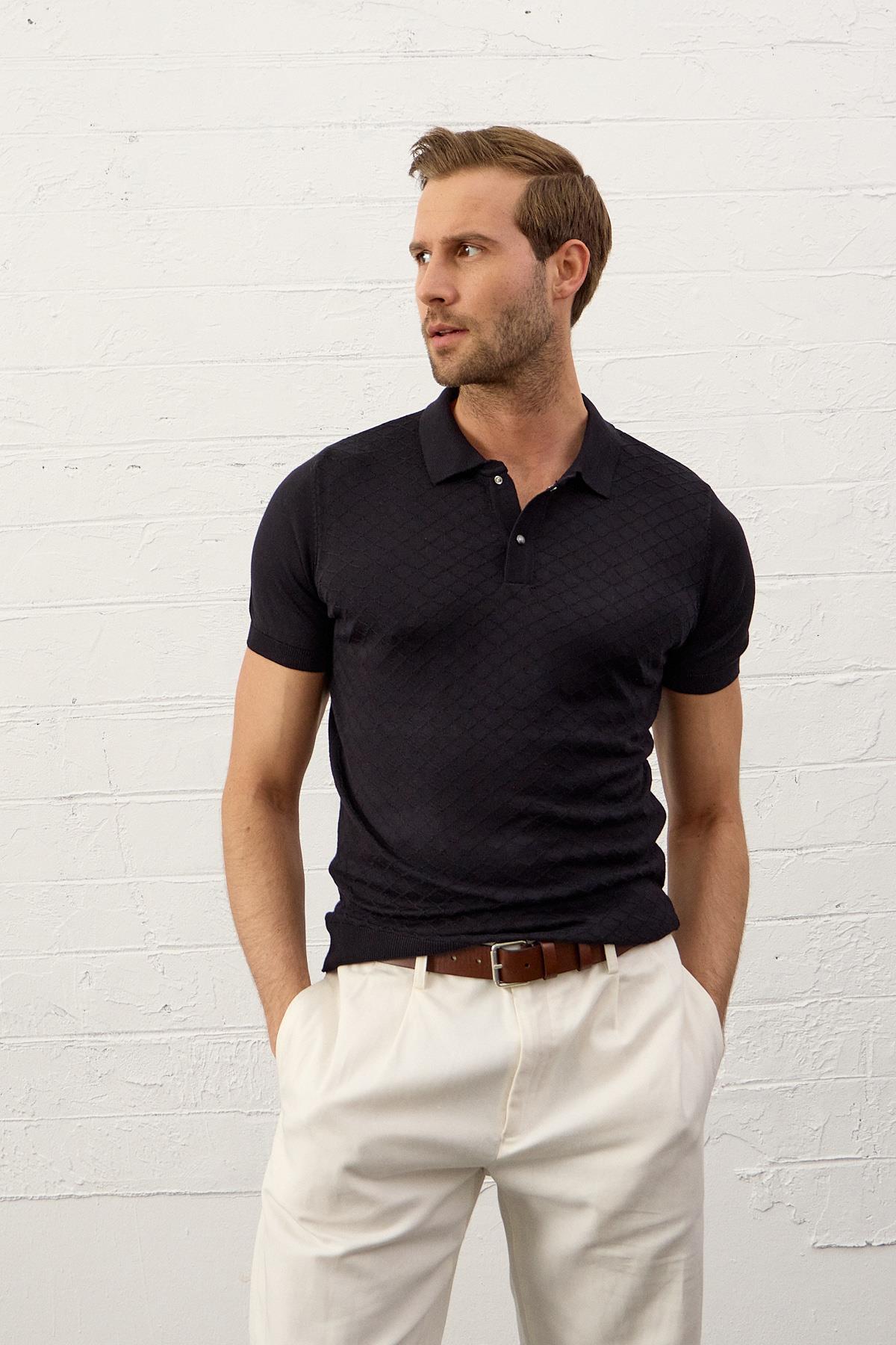Erkek Yumuşak Dokulu Slim-Fit Polo Yaka İnce Triko T-shirtKoyu Lacivert 5008DNGR