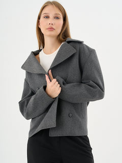 Kadın Oversize Kruvaze Kaşe Mont Ceket Gri