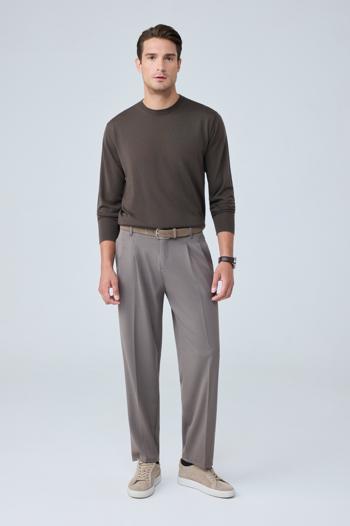 Erkek Baggy Fit Pileli Kumaş Pantolon Vizon 0172DNGR