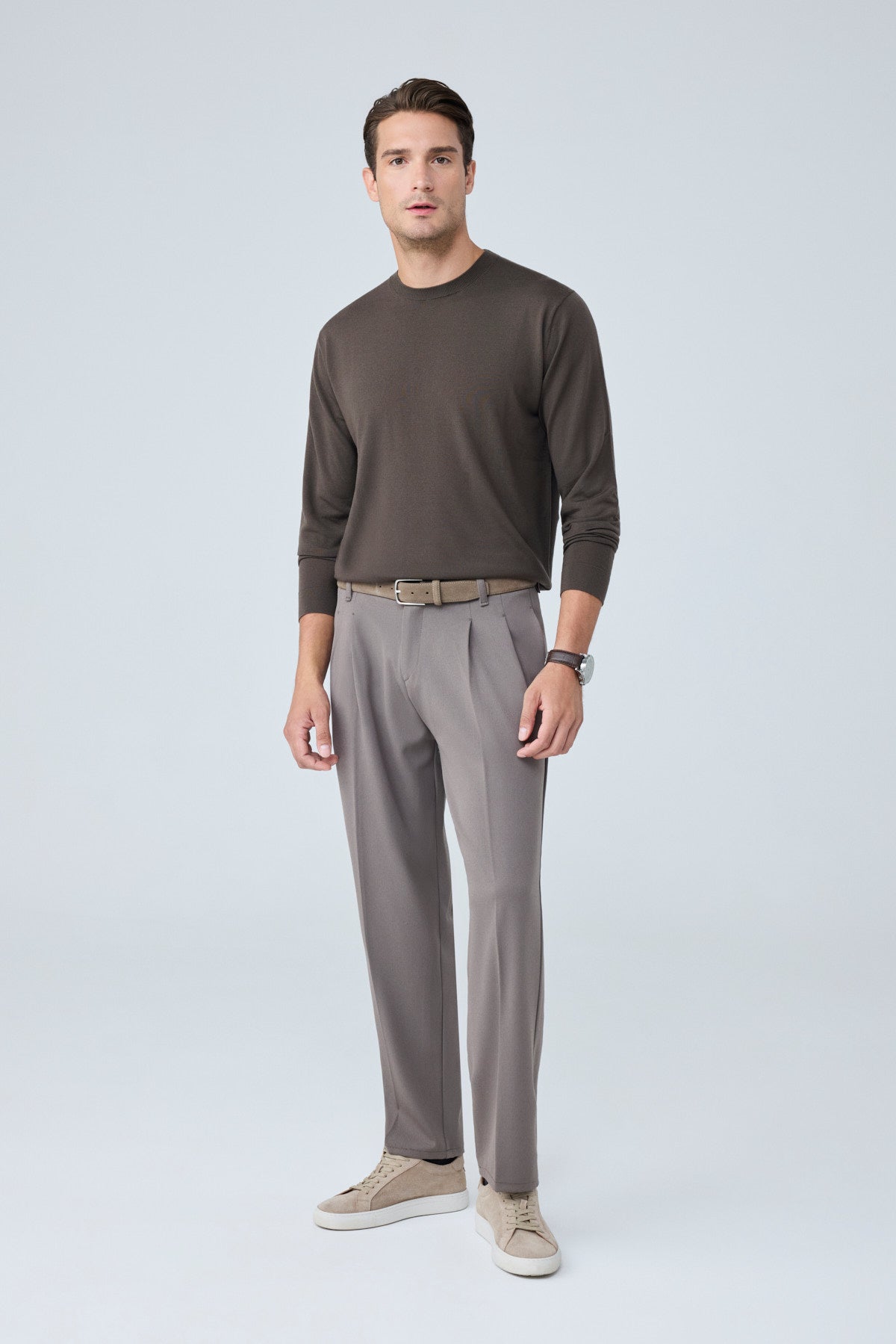 Erkek Baggy Fit Pileli Kumaş Pantolon Vizon 0172DNGR