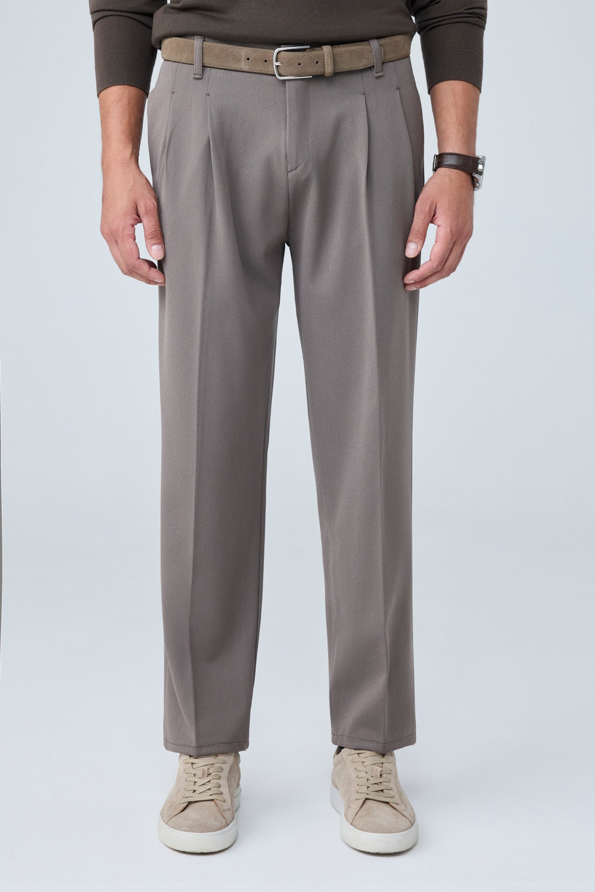 Erkek Baggy Fit Pileli Kumaş Pantolon Vizon 0172DNGR