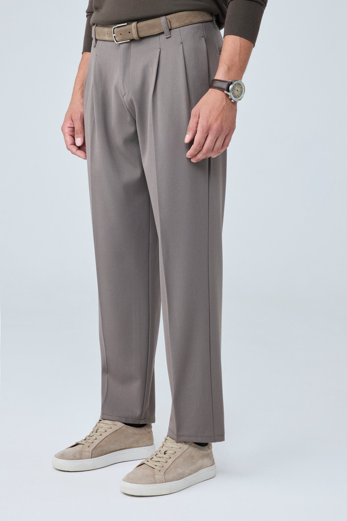Erkek Baggy Fit Pileli Kumaş Pantolon Vizon 0172DNGR