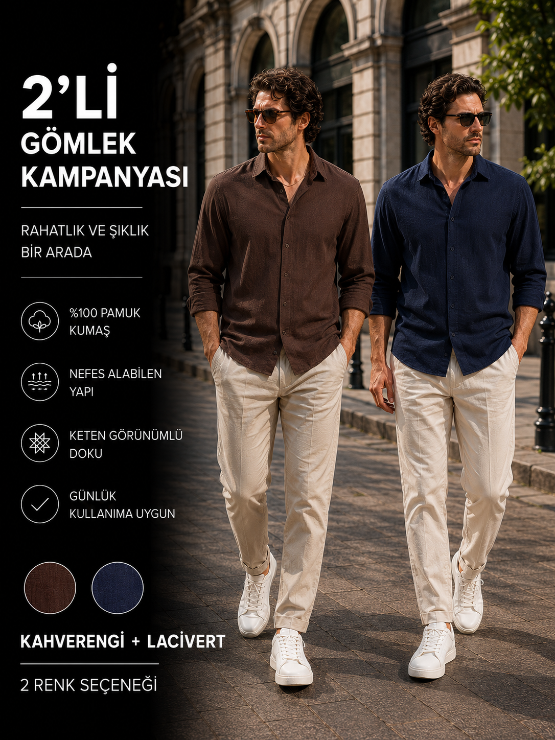 Danger 2'li Erkek Pamuklu Keten Görünümlü Gömlek Kahverengi - Lacivert %100 Pamuk Rahat Kalıp Yazlık Gömlek 1683